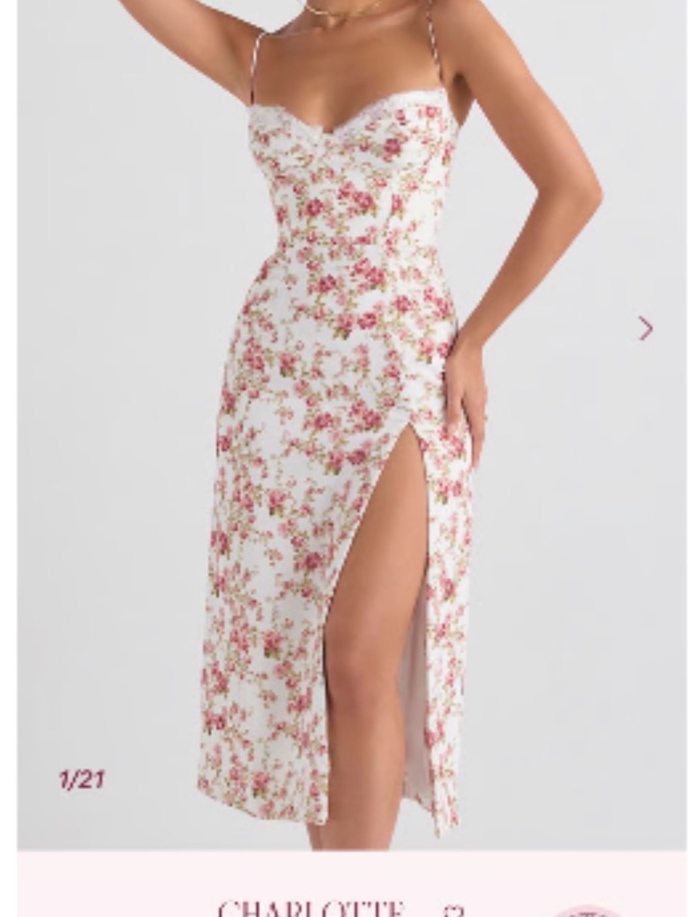 House of CB White Midi Dress with Pink Floral Print and Side Slit